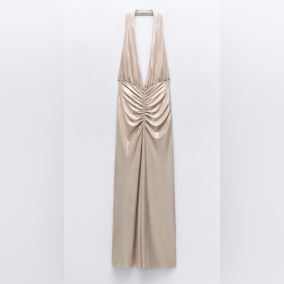 ZARA | Gold Lamé Halter Maxi Dress Backless Evening Gown - Picture 2 of 16